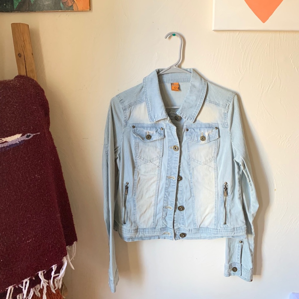 Striped jean jacket.